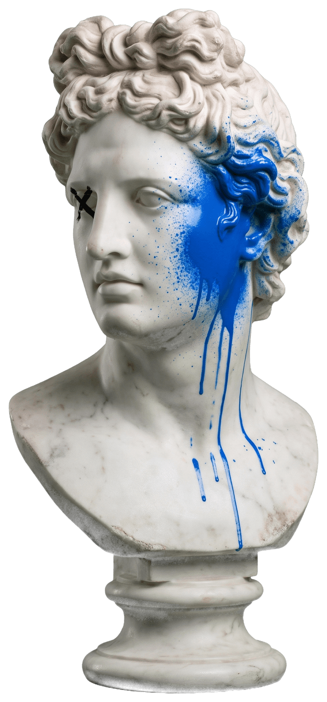 Busto de Apolo en mármol con spray azul eléctrico y una X pintada en el ojo